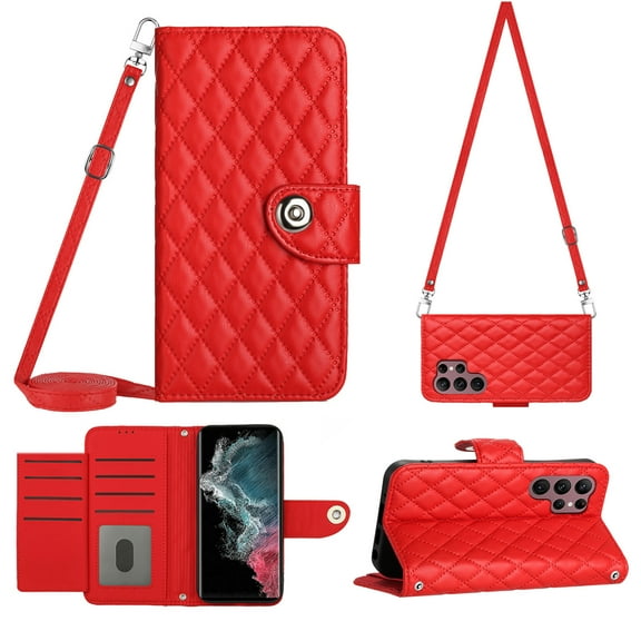 Elegant Case for Samsung S23 Ultra Wallet Case RFID Blocking Card Slots Holder with Shoulder&Crossbody Strap, Magnetic Folio Kickstand Handbag Flip Phone Cover for Samsung Galaxy S23 Ultra, Red