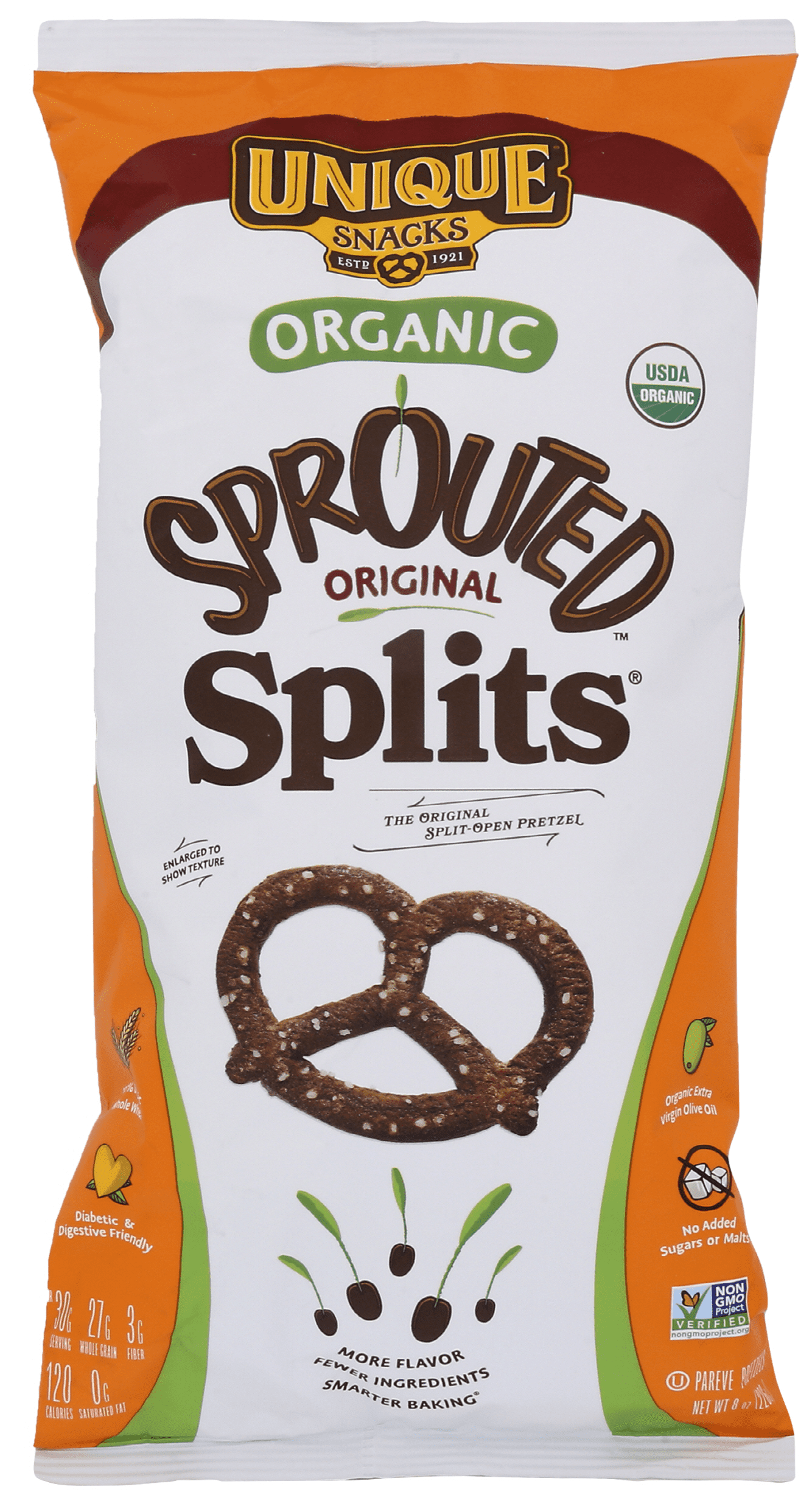 Unique Snacks - Unique Pretzels Sprouted Splits Pretzels, Sprouted Pretzels, Delicious Homestyle Baked, Certified OU Kosher and Non-GMO, No Artificial Flavor, 8 Oz Bag (Pack of 3)
