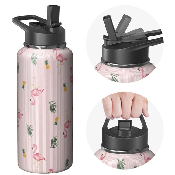 Portable Vacuum Insulated Double Walled Stainless Steel 32oz Flamingo Themed Water Bottle - Leakproof, for Camping Hiking Sports, Keeps Drinks Hot Cold, Gift for Flamingo Themed Lovers