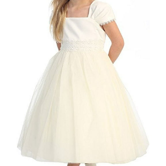 Little Girls' First Communion Pleated Cap Sleeve Flowers Girls Dresses Ivory Size 2
