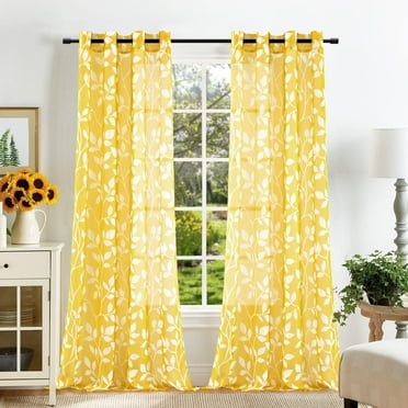 Yellow Sheer Pattern Curtains for Living Room 84 Inches Long,Spring Decor Lightweight Leaf Floral Printed Curtains for Bedroom Dining Room 84 Inch Length 2 Panels Set,Mustard Yellow and White