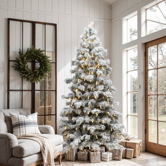 Alden Design 9 Ft Pre-lit Flocked Christmas Tree with Warm Lights