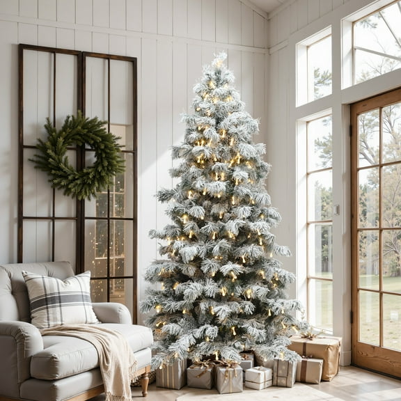 7.5Ft Pre-Lit Snow-Flocked Cedar Christmas Tree with Teardrop LED Lights