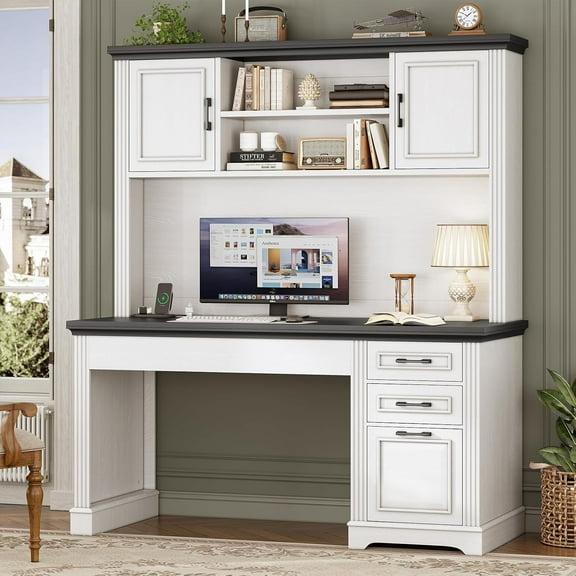 SEDETA Farmhouse Computer Desk with Hutch and 3 Drawers, 47.2" Executive Office Desk with Storage Drawers, Wood Desk with Power Outlet for Home Office, White