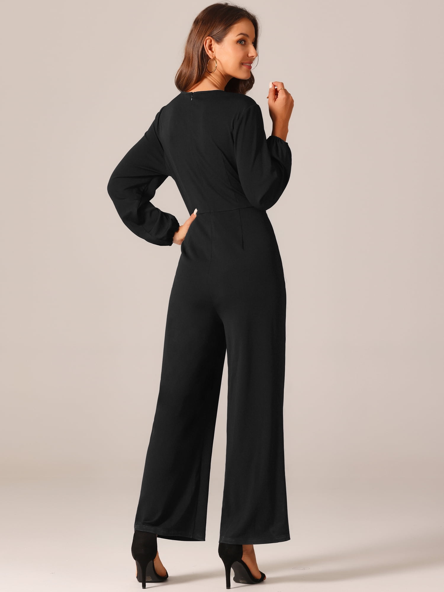 DARING DIVA Women's V Neck Long Sleeve High Waisted Wide Leg Jumpsuits S Black
