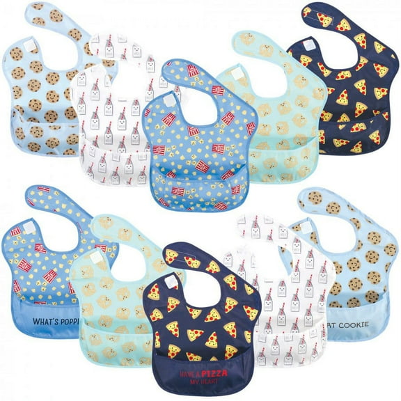 Hudson Baby Infant Boy Waterproof Polyester Bibs 10pk, Pizza Snacks, Beginner