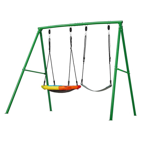 Heavy Duty Metal A-Frame Swing Set with 32 Inch Saucer Swing Belt Seat Spiral Ground Anchors 440 lbs Load Capacity Outdoor Backyard Kids Swingset