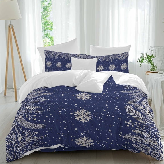 Retro Navy Winter Snowflakes Duvet Cover Set Twin Size, Plant Pine Branch Minimalist 4 Piece Soft Microfiber Bedding Set with Zipper Closure, 1 Comforter Cover, 1 Flat Sheet, 2 Pillowcases