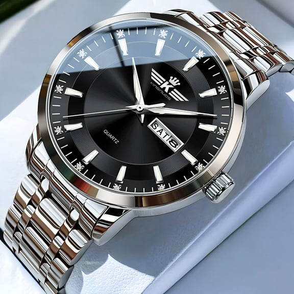 Men's Premium Fashion Quartz Watch - Automatic Dual Calendar, 30M Waterproof, Luminous, Diamond-Inlaid, Deployment Clasp