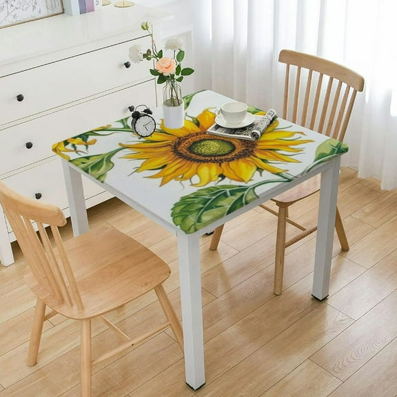 HAOXIT Edge Fitted Square Elastic Tablecloth, Autumn Sunflower Pattern Printed on Stretchable Polyester Table Cover, for Wrinkle Resistant Cloths Kitchen, Fit for Square Table 36*36