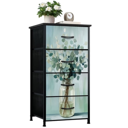 Rustic Dresser for Bedroom with 4 Storage Drawers Eucalyptus Leaves Bouquet Glass Jar Water Minimalist Dressers Chest of Drawers Steel Framed Fabric Closet Organizers for Dorm Entryway