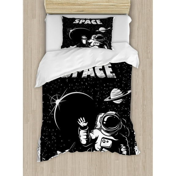 Astronaut Twin Size Duvet Cover Set, The Race to Space Retro Image with Space Crafts Planets Astronaut vs Cosmonauts, Decorative 2 Piece Bedding Set with 1 Pillow Sham, Black White, by Ambesonne