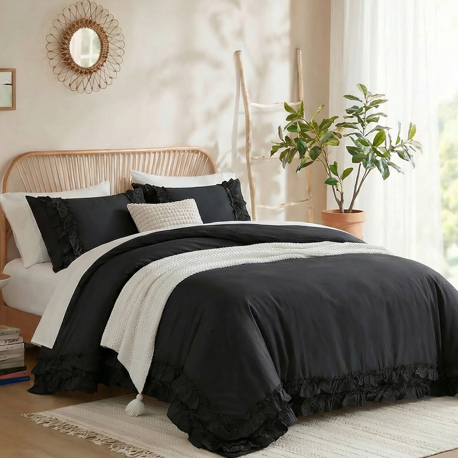 100% Cotton Ruffled Comforter Set Queen, White Shabby Chic Farmhouse Bedding Set French Country Cute Comforter Set