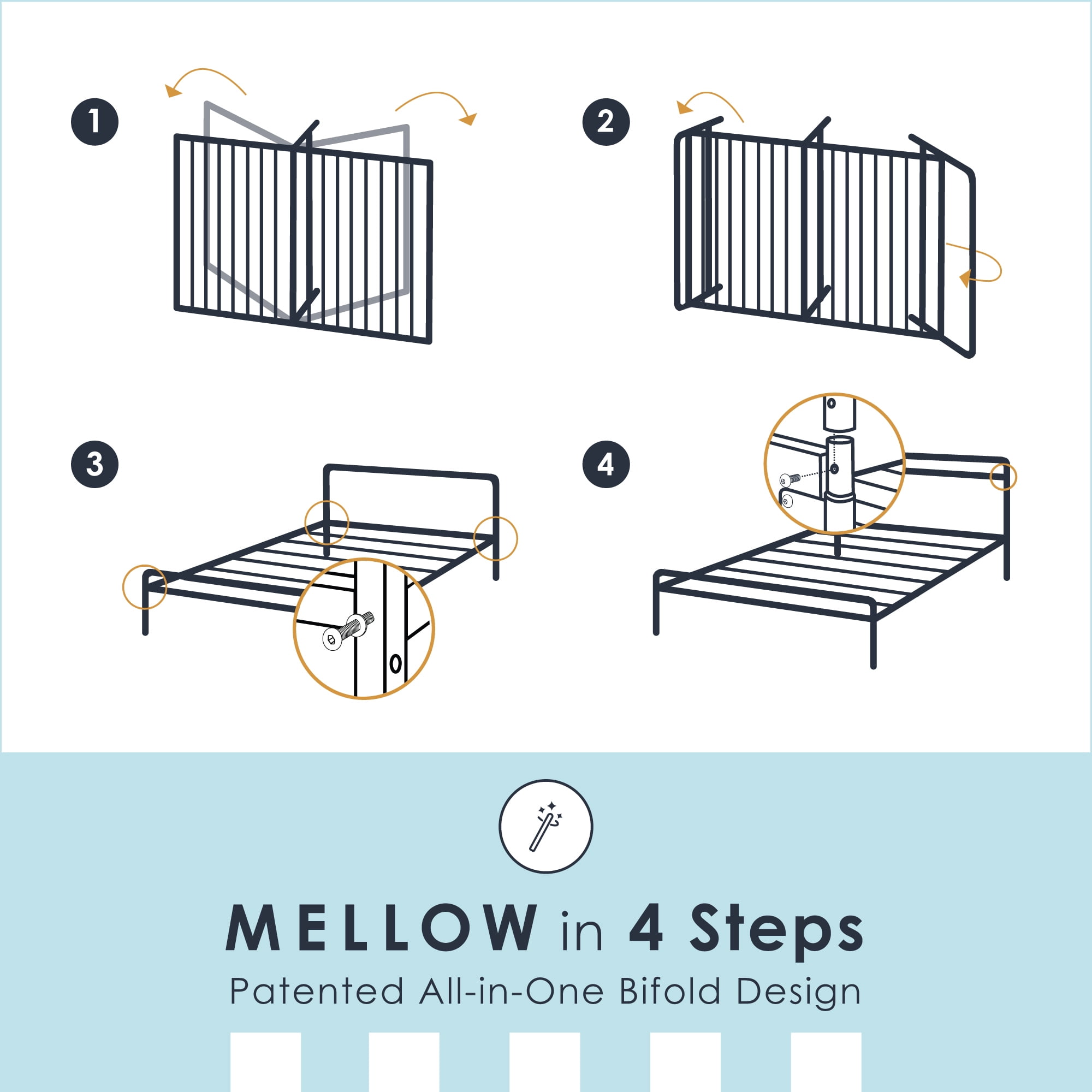 Mellow Nomadi Bifold Metal Platform Bed with Fabric Headboard, Cloud Grey, Twin