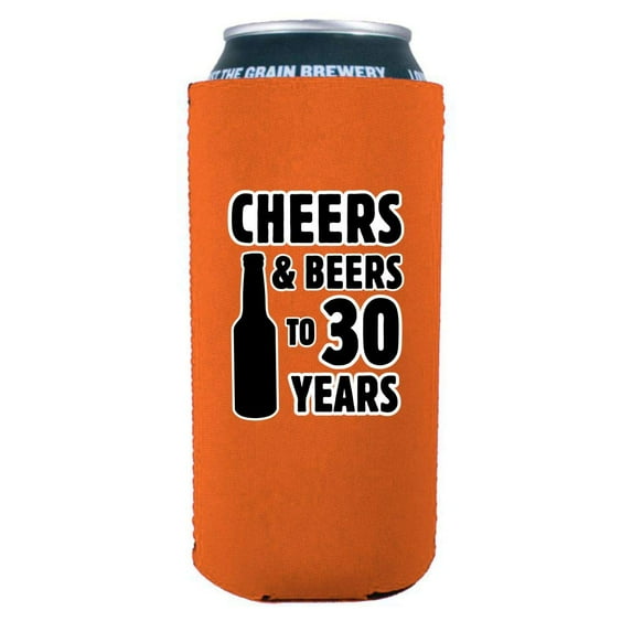 Cheers & Beers to 30 Years 16 oz. Can Coolie (Orange, 4 Pack)