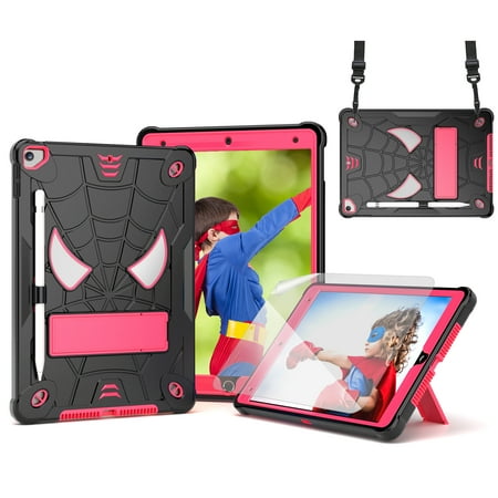 TECH CIRCLE Cute Spider Case for Apple 10.2-inch iPad, iPad 9th/8th/7th Generation Case 2021/2020/2019 Release - Heavy Duty Protection Shockproof Rugged Cover with Stand / Shoulder Strap, Black+Rose