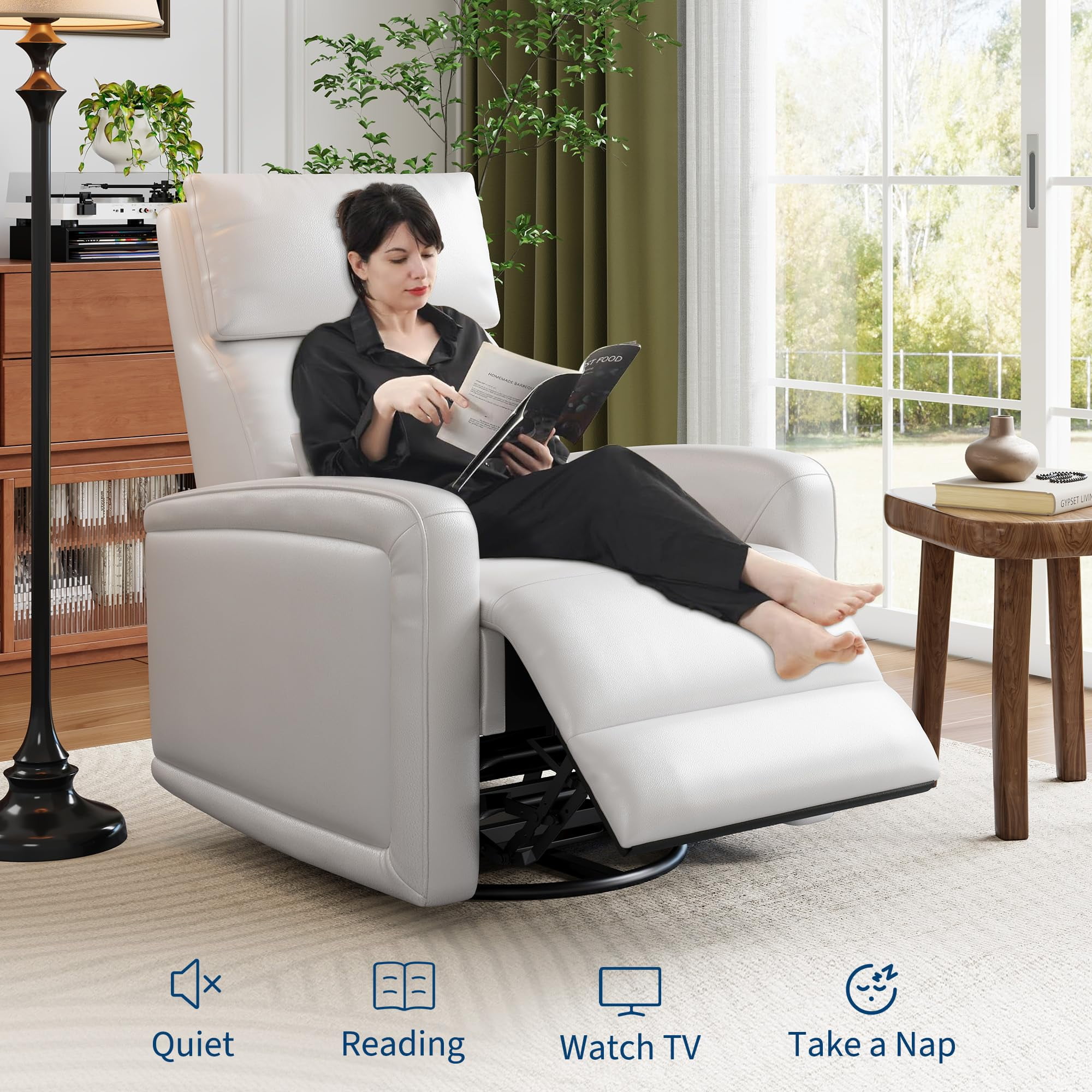 Ataucjin 360° Swivel Rocking Glider Reclinder Chair, Soft Faux Leather Upholstered Sofa Chair with Ergonomic Backrest for Adults for Nursery, Living Room（ship in 2 boxes）