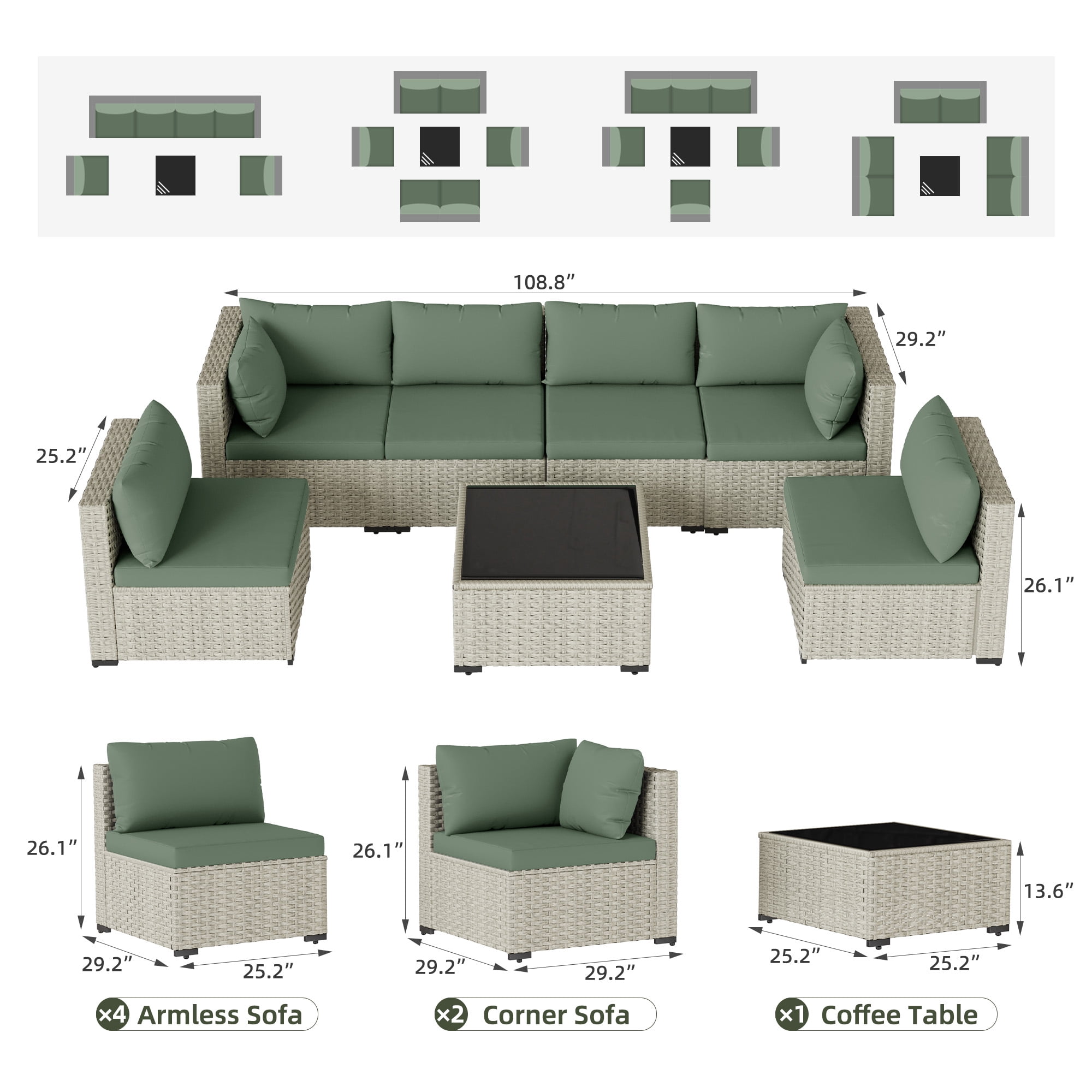 MRUAKA Outdoor Patio Furniture Set, 7-Piece Modular Sectional Sofa With Tea Table and Free Cushion, PE Wicker Outdoor Conversation Set for Patio, Garden, Backyard,Green