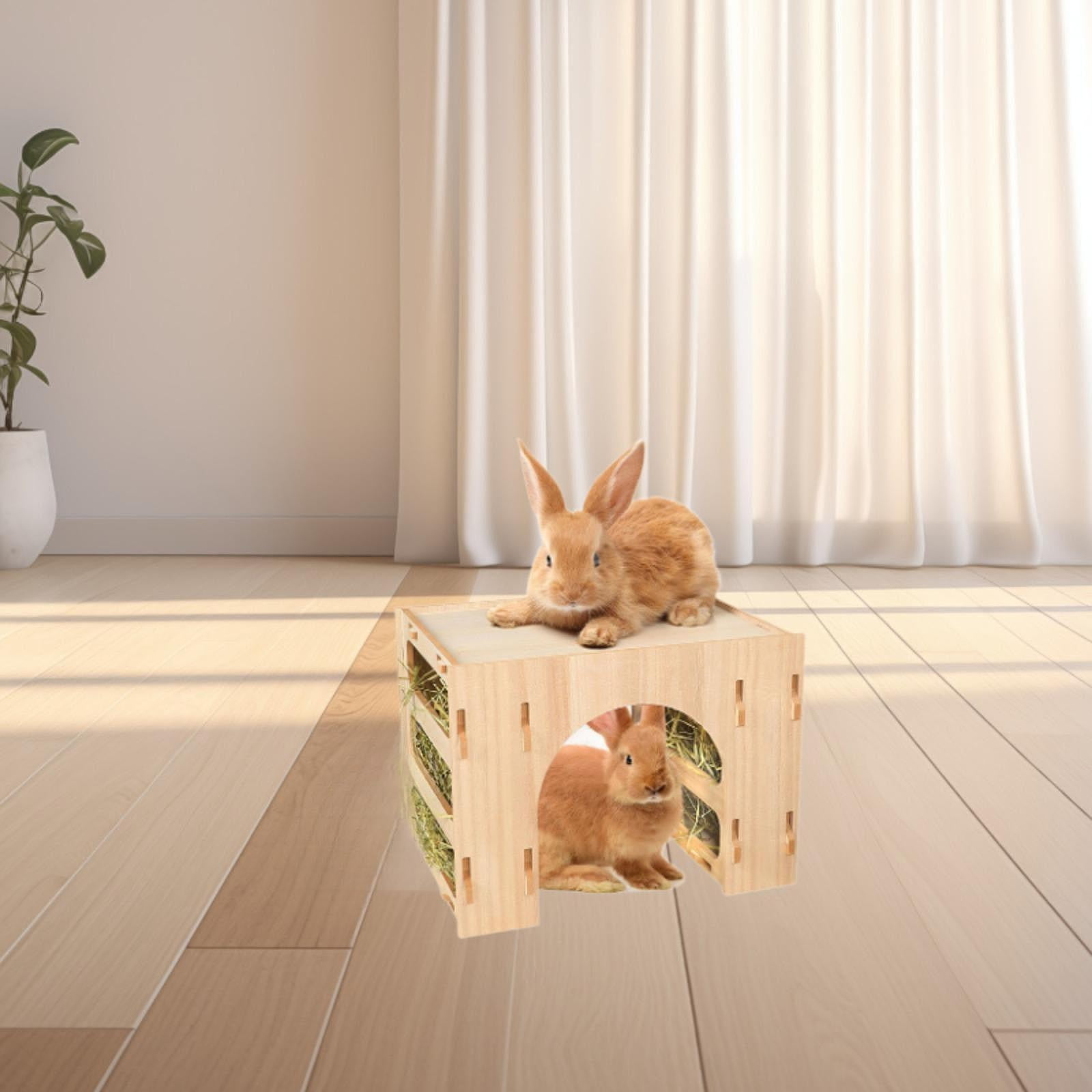 Bothyi Wooden Bunny Hay Feeder Hamsters Playhouse Interactive Enrichment Toy Food Feeding Manger Hay Holder Feeder for Gerbil