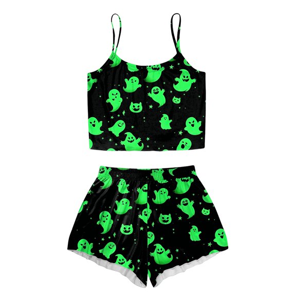 JFOPQVSM Women Sexy Sleeveless Tank Top Shorts 2 PC Halloween Print Pajama Set Halloween Dress-Up Outfit