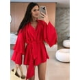 thumbnail image 6 of Women'S Layered Bell Sleeve Tie Neck Mini Dresses Ruffle Belted Tunic Dress Red L, 6 of 7