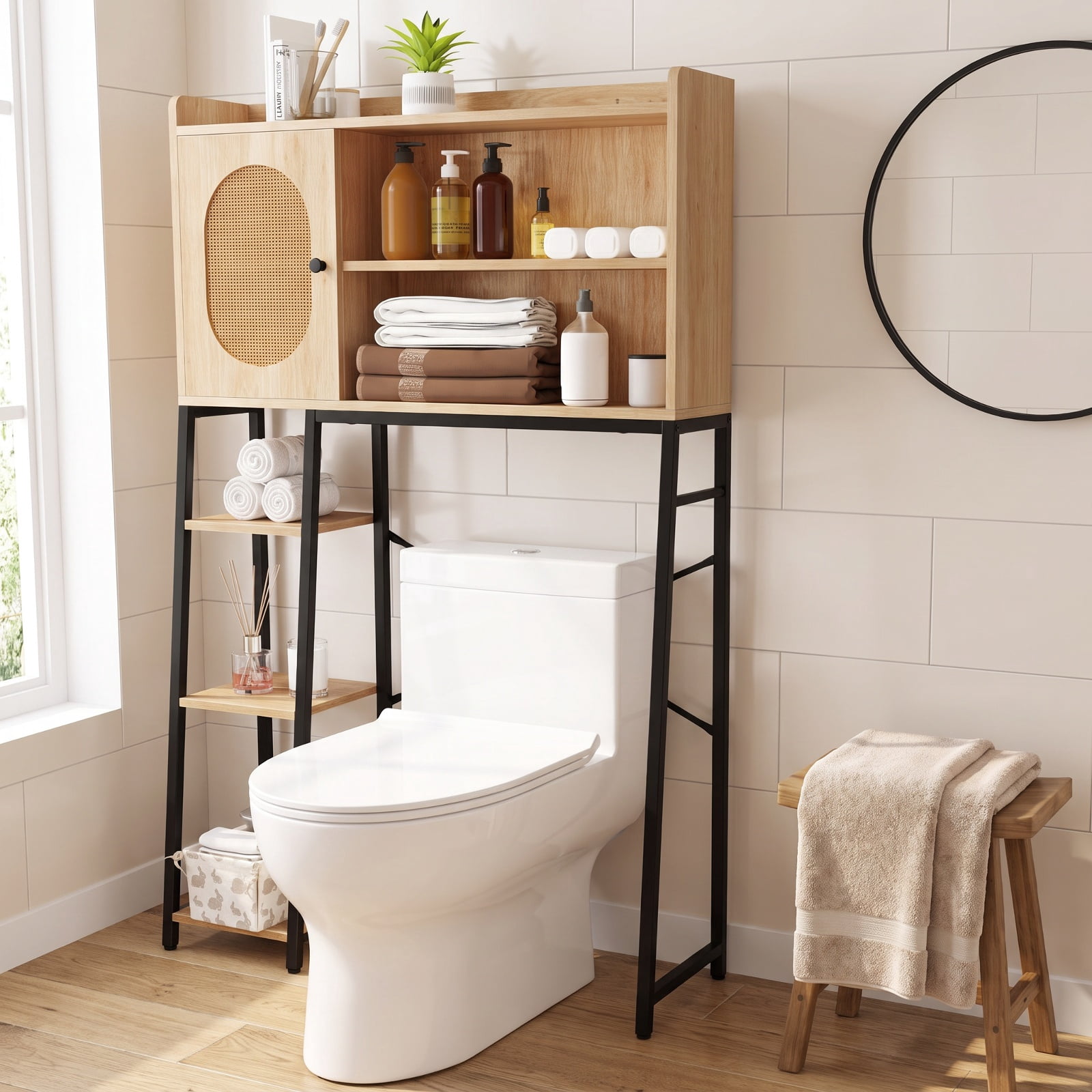 Vebreda Over-the-Toilet Storage, Over The Toilet Storage Cabinet with PE Rattan Door and Open Storage Shelves, Diverse and Flexible Storage Space