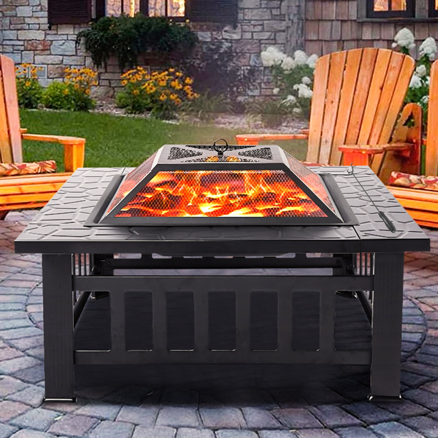 32" Wood Burning Fire Pit Outdoor Garden Patio BBQ Grill Square Stove W/ Cover 