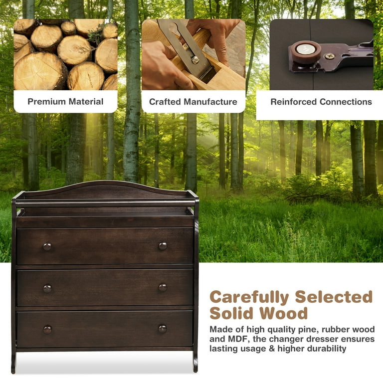 Costway Baby Changing Table with 3 Drawers Toddler Top Storage Infant Diaper Station Safety Belt Brown Walmart