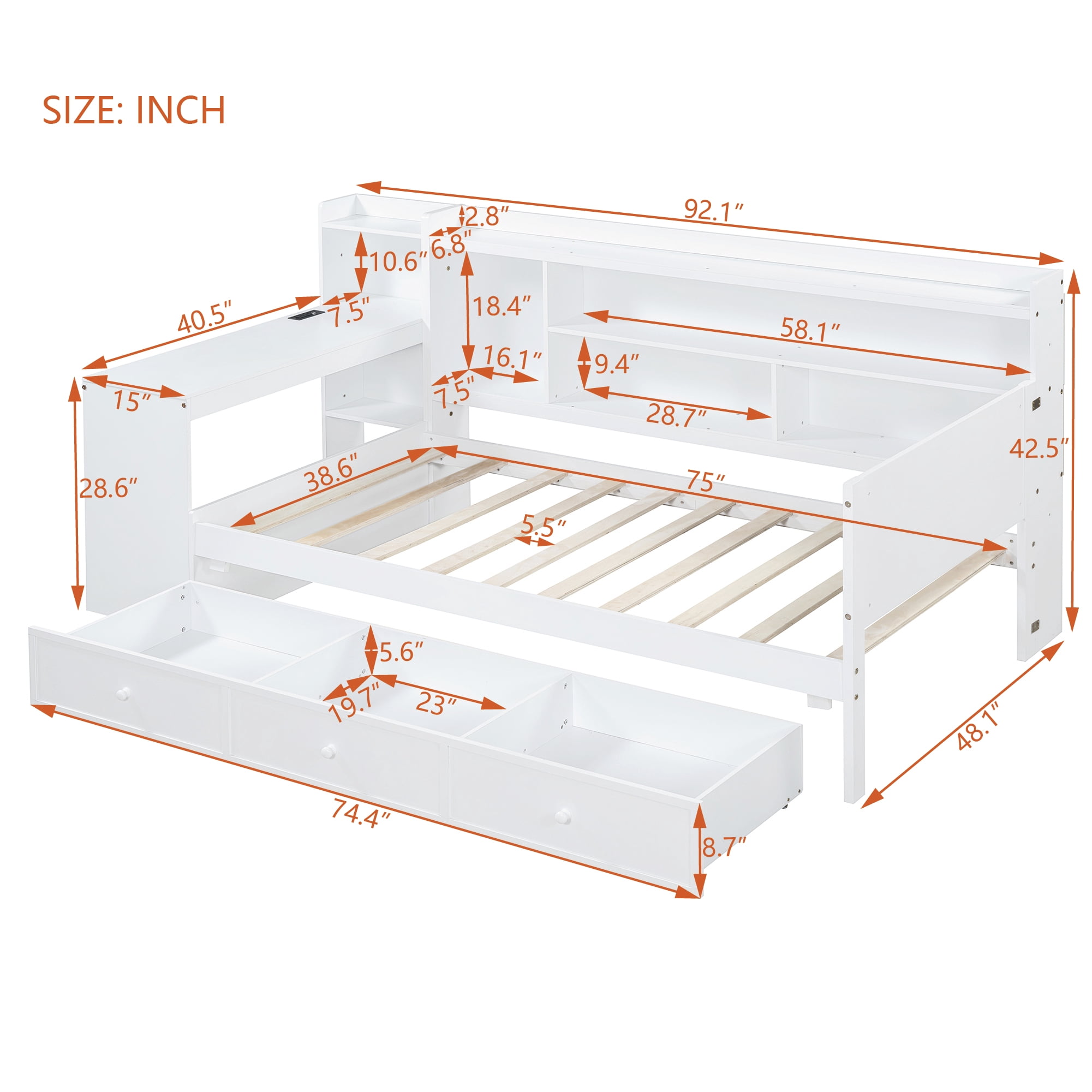 Mintazer Twin Platform Bed with Desk & Charging Ports, Wooden Bed Frame with Storage Shelves & 3 Drawers for Bedroom Playroom Guest Room, White