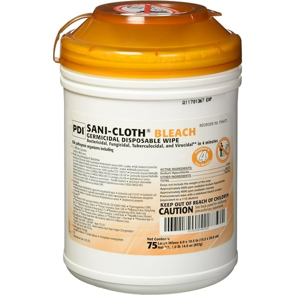 PDI P54072 Sani-Cloth Bleach Germicidal Disposable Wipe Large 6 in. x 10 1/2 in. (3 Canisters of 75)