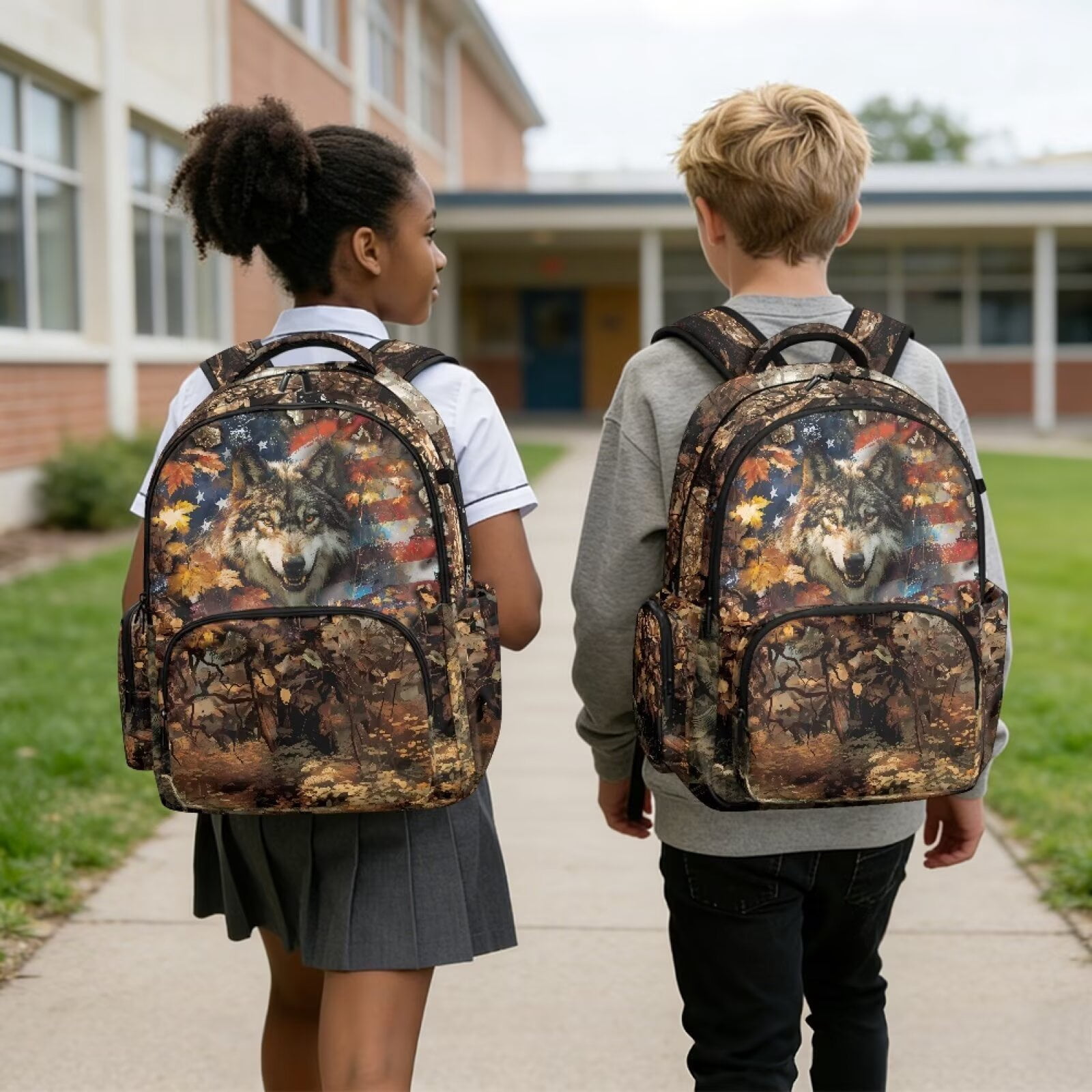 Xixirimido American Flag Wolf Forest Camo Print 17" Kids Backpack for Boys & Girls Large School Bags with Multi Pockets Elementary Middle High School Student Bookbag