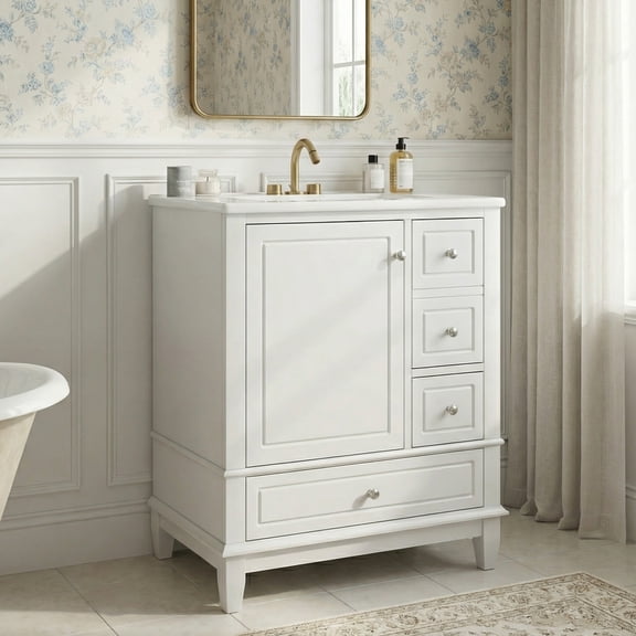 30" Bathroom Vanity with Sink, Rubber Wood Vanity Cabinet with 1 Door with Shelf and 3 Drawers, White