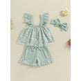 thumbnail image 3 of Bagilaanoe 3pcs Toddler Baby Girl Shorts Set Fly Sleeve Floral Print A-Line Tops + Shorts + Headband 6M 12M 18M 24M 3T 4T Kids Casual Summer Clothes, 3 of 7