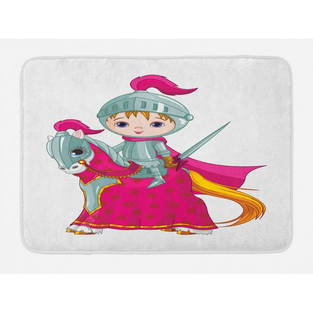 Pony Bath Mat, Cartoon Illustration of Knight on a Big Eyed Horse with Clothes, Plush Bathroom Decor Mat with Non Slip Backing, 29.5" X 17.5", White Magenta, by Ambesonne