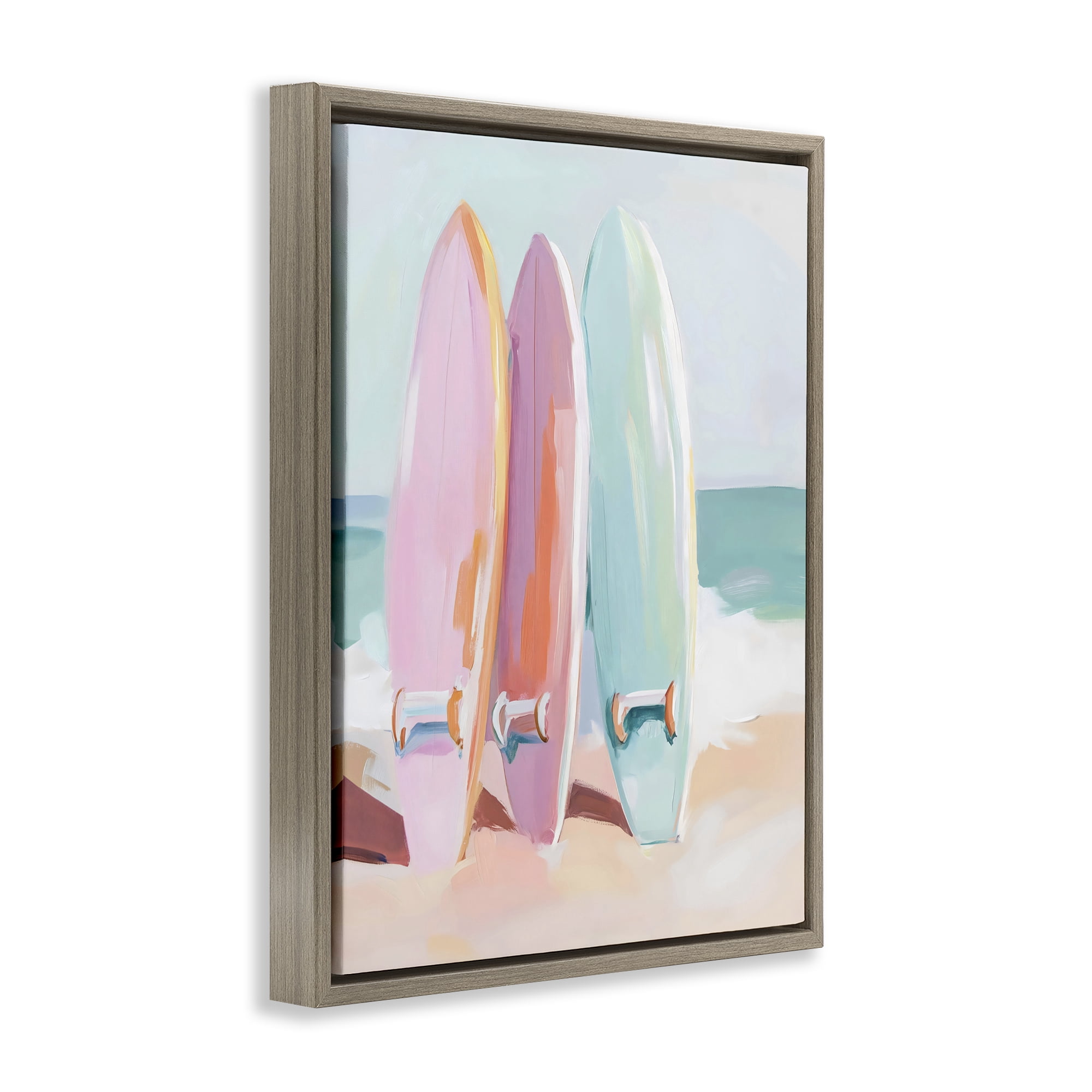 Stupell Industries Pastel Surfboards on Sandy Beach Brown Framed Floater Canvas Wall Art, design by The Prints Vibe