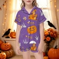 thumbnail image 2 of REDARER Girls 2 Piece Halloween Pajama Set Notch Collar Short Sleeve Button Top Matching Shorts House Skull Pumpkin Bone Spider Print Home Sleep Loungewear Outfit,9-10 Years, 2 of 5