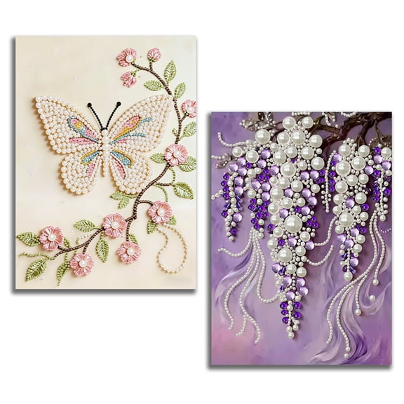 BYGFHLYW 2 Pack Pearl Diamond Painting Kit for Adults, Butterfly Floral & Purple Wisteria Pearl Diamond Art Set, 12 x 16 Inch
