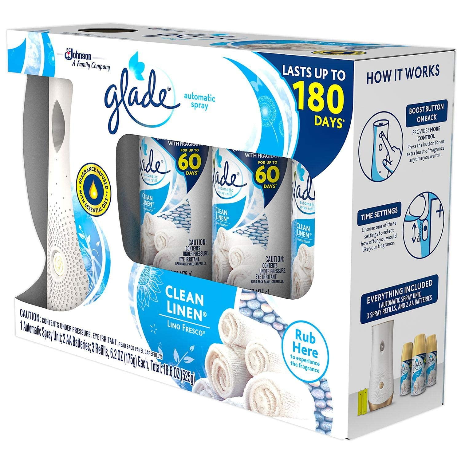 Glade Automatic Spray Clean Linen: 1 Automatic Spray Unit; 2 AA Batteries; 3 Refills, 6.2 oz Each, Total 18.6 oz