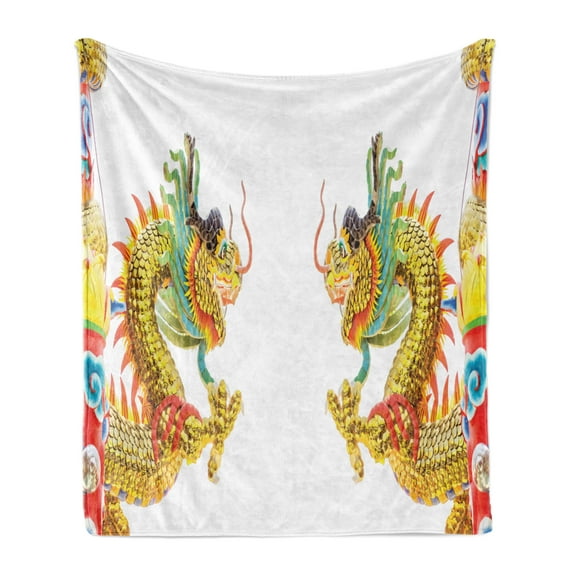 Dragon Soft Flannel Fleece Throw Blanket, Chinese Style Dragon Power Oriental Culture Theme, Cozy Plush for Indoor and Outdoor Use, 60" x 80", Multicolor, by Ambesonne