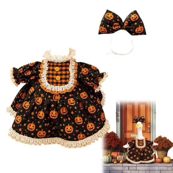 Halloween Porch Goose Outfits 1 Pc Cute Convenient Porch Goose Outfit 23 Inch Black Dress with Pumpkin Pattern & Lace for Garden Yard Patio, 15.75x13.78 Inch, Black
