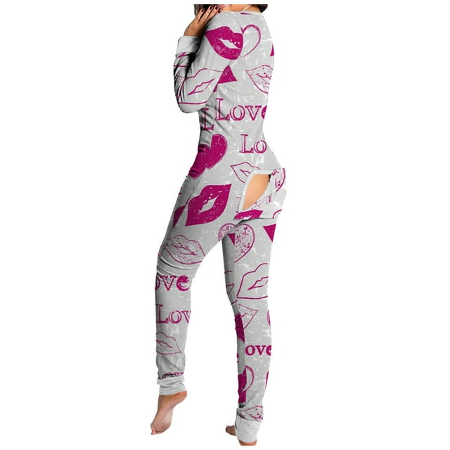 WZXFASHION Combinaison de Nuit à Imprimé pour Femmes à Manches Longues avec Boutons et Rabat, Justaucorps, Barboteuse, Tenue de Nuit pour Femmes Gris P