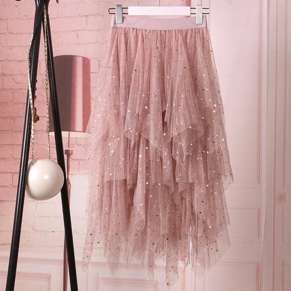 Women Casual Elastic High Waist Blingbling Mesh Skirt Tutu Skirt Irregular Hem Skirt Belly Fringe Skirt Mesh Skirt Womens Long Skirts Womens Bathing Suits with Skirts Cow Skirt Midi Skirts for Women