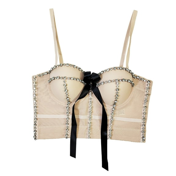 Xfvqtps Womens Rhinestone Lace Corset Crop Tops Sling Tube Top Flexible Boned Support Spaghetti Straps Bustier Vest Waist Corset Beige