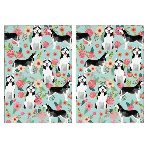 2 Pcs Funny Kitchen Towels,Husky and Flower Microfiber Dish Towels,Kitchen Tea Towels,Kitchen Towel Set (18" X 26")