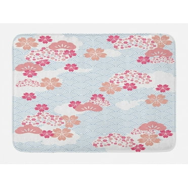 Japanese Bath Mat, Squama Pattern with Cherry Blossom Land of the Rising Sun Pattern, Non-Slip Plush Mat Bathroom Kitchen Laundry Room Decor, 29.5 X 17.5 Inches, Peach Dark Coral Pale Blue, Ambesonne