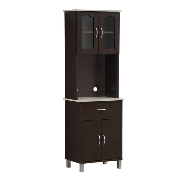 Hodedah Kitchen Cabinet with Top and Bottom Enclosed Cabinet Space, 1-Drawer, plus Large Open Space for Microwave in Chocolate-Grey