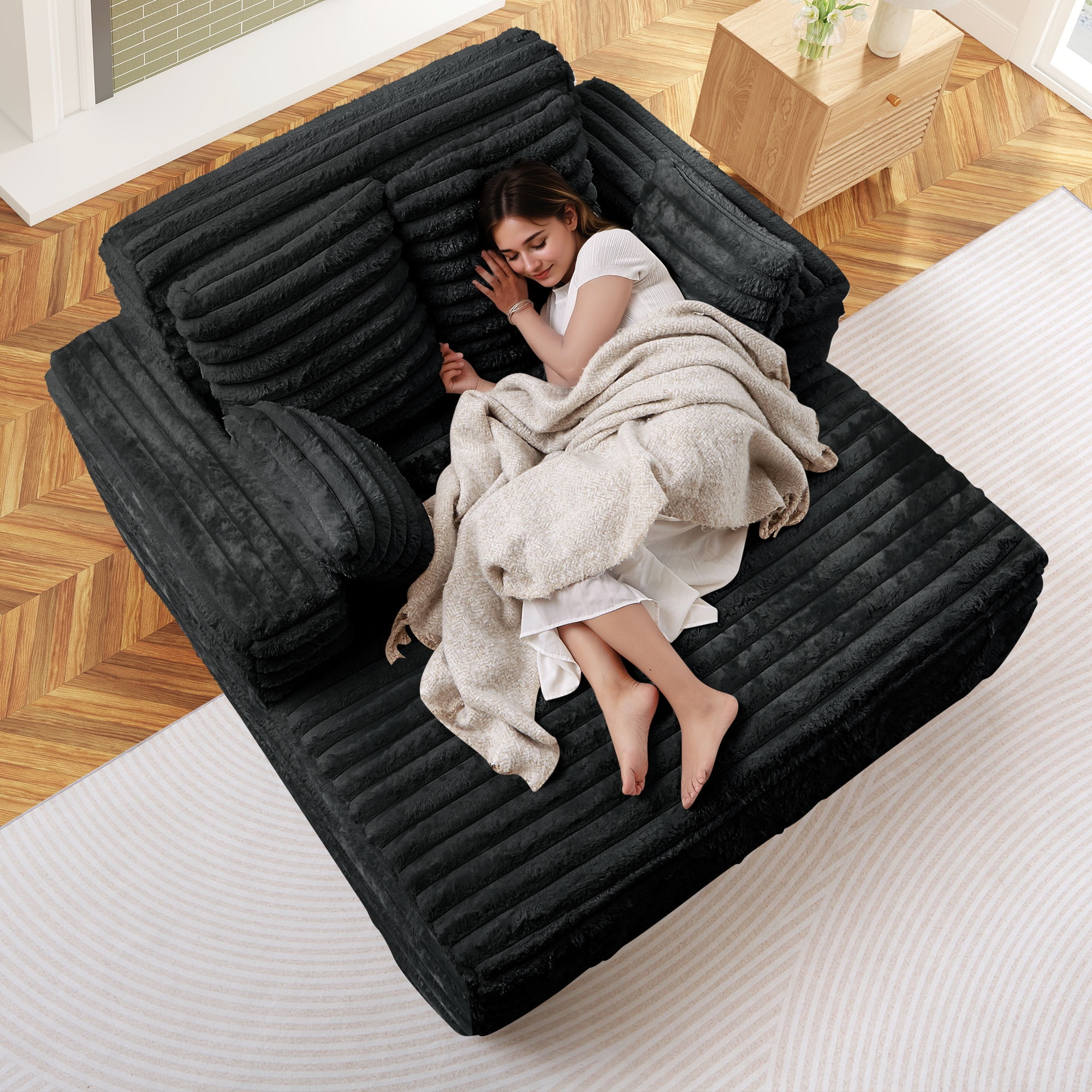 Muumblus Oversized Chaise Lounge Chair Indoor Furniture, No Assembly Required, Plush Corduroy Upholstered Sofa Bed Cozy Sleeper Couch for Living Room, Bedroom, Black