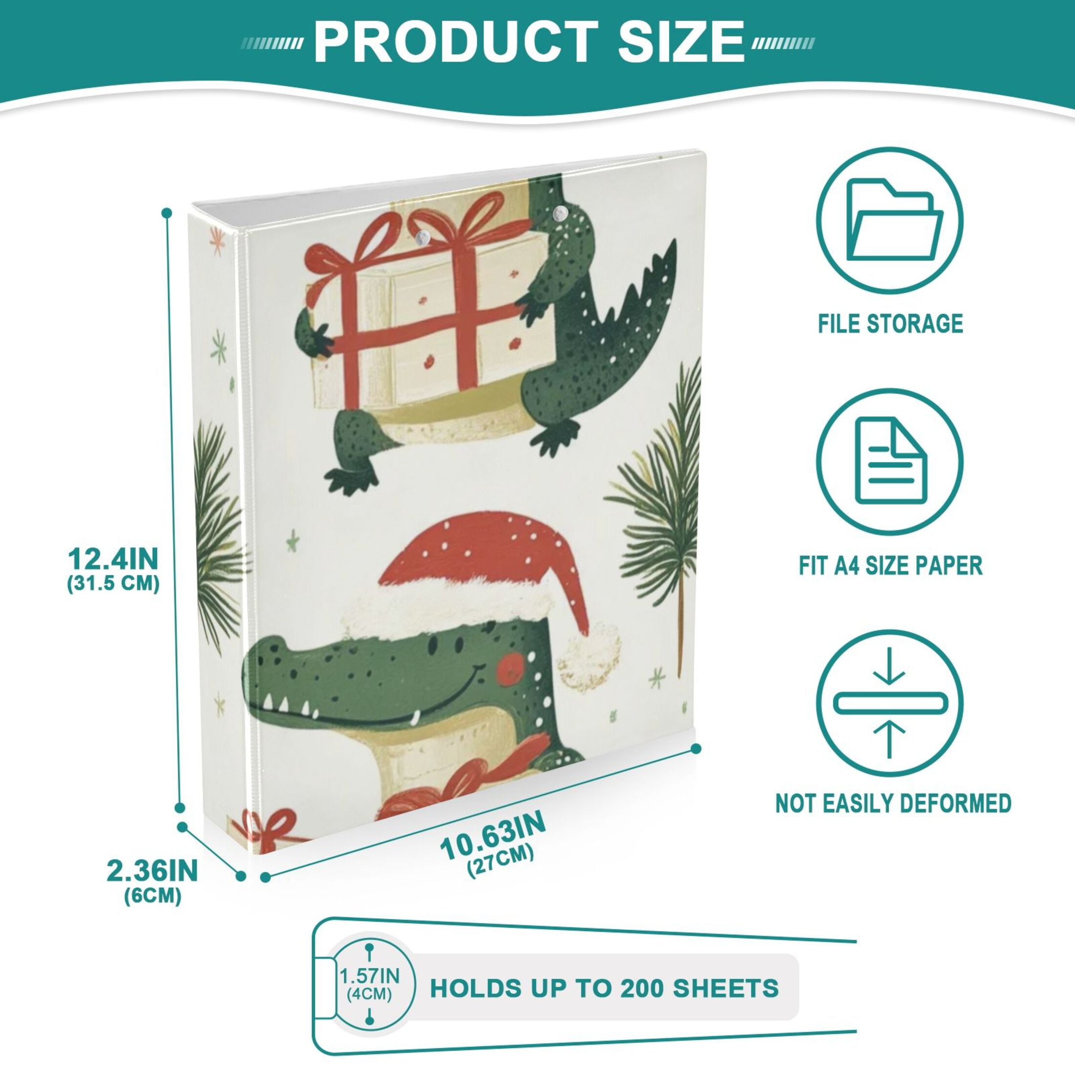 Christmas Alligators Santa Hats 3 Ring Binders 1.5 inch Hardcover File Folders with Interior Pockets A4 Size Organizer for School Office Hospital Set of 2