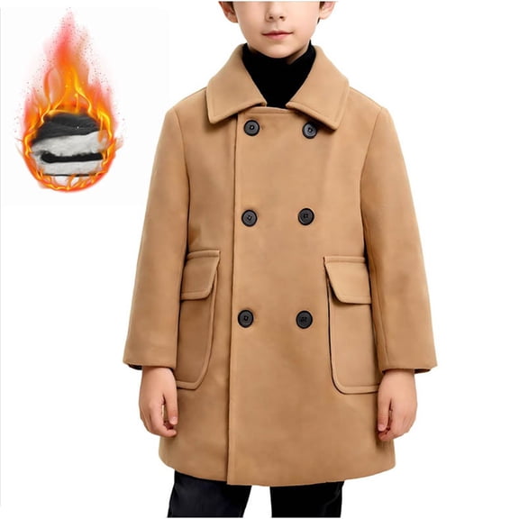 Boys' Woolen Trench Coat (2-15 Years) Quilted Double-Breasted Lapel Jacket Warm Winter Casual Outerwear with Pockets