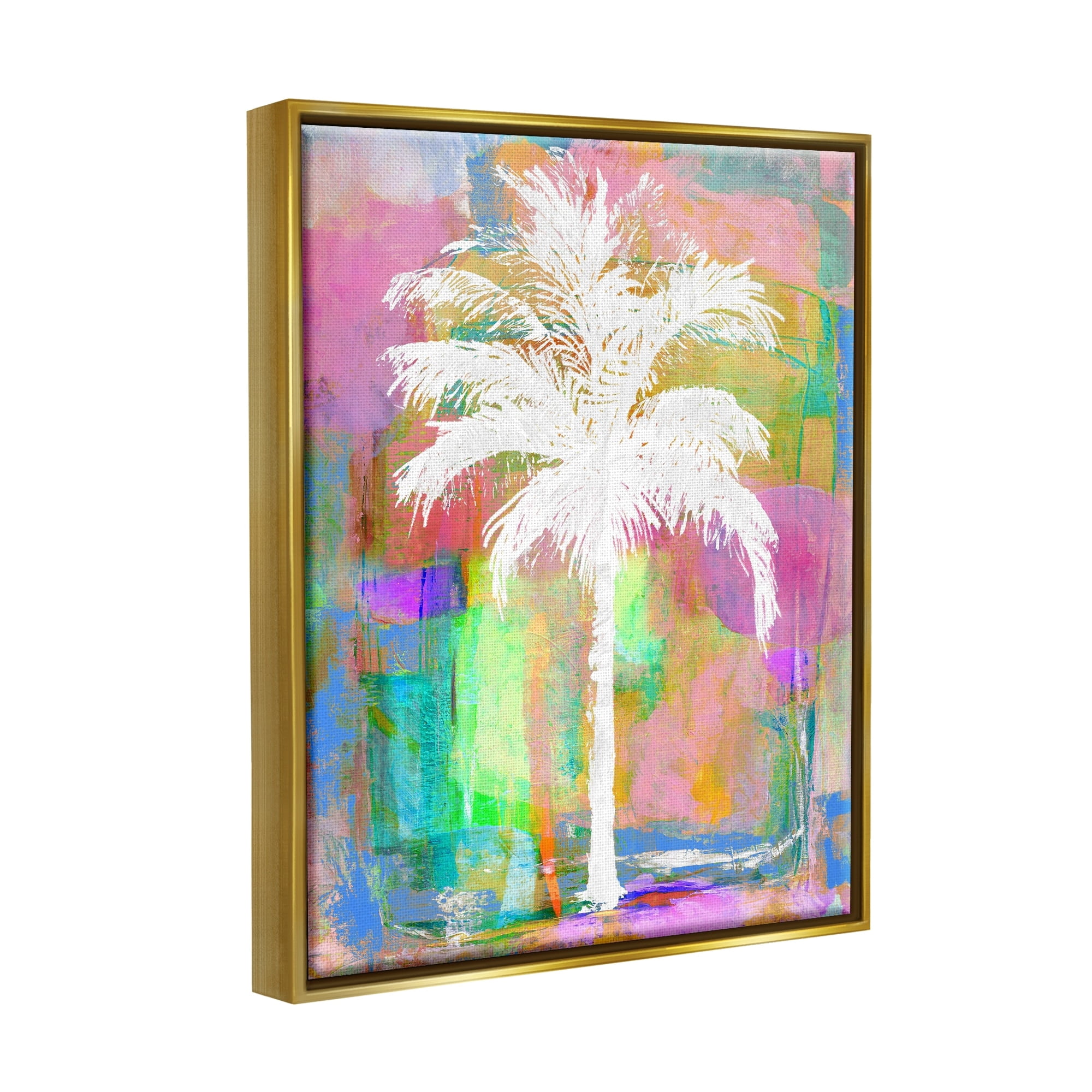 Stupell Industries Modern Palm Tree Silhouette Vivid Blocked Hues Painting Metallic Gold Floating Framed Canvas Print Wall Art, Design by Kristen Dew